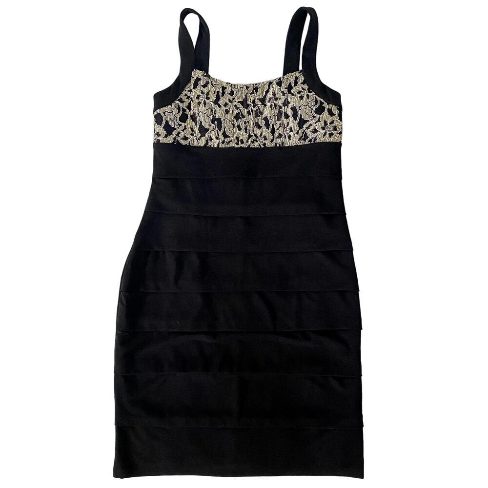 EN FOCUS STUDIO Above the Knee Black Pencil Dress with Straps